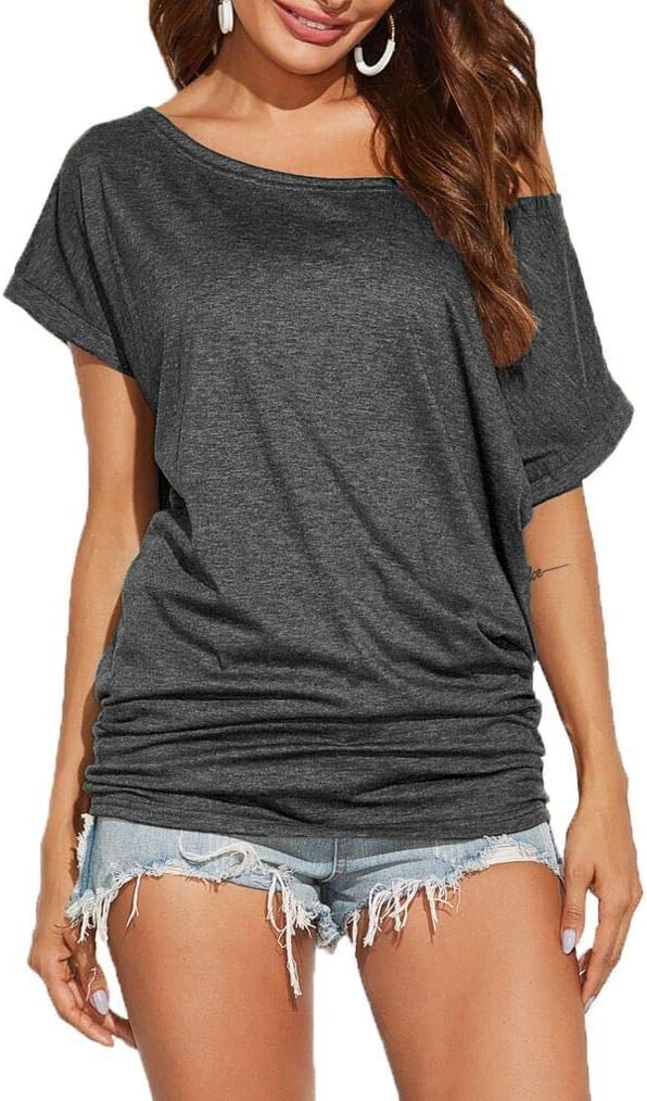 Poetsky Women's Summer Off Shoulder Shirts Casual Loose Short Sleeve Tunics Tops - Image 2