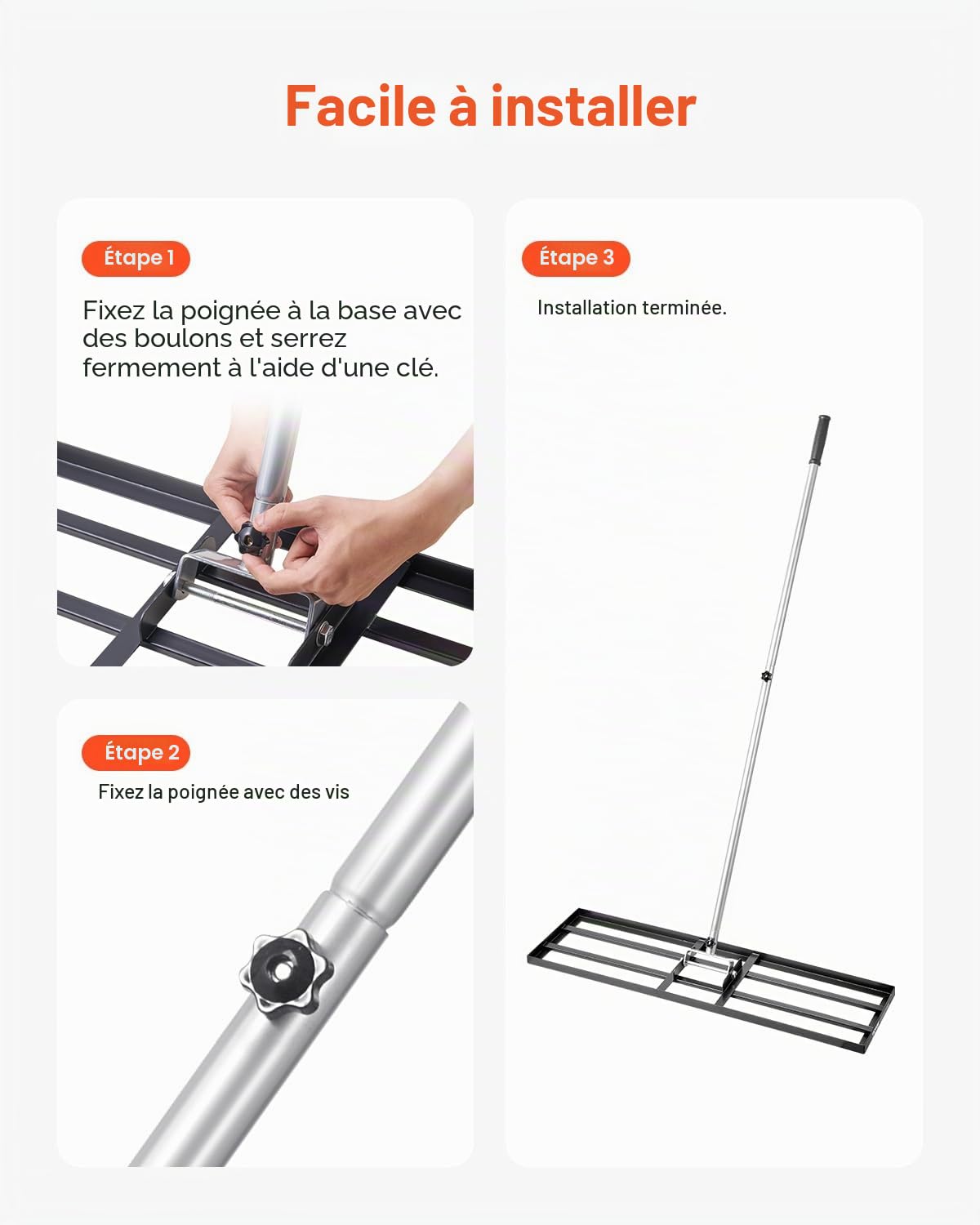 VEVOR Râteau de Nivellement de Pelouse, 914 x 254 x 2290 mm, Niveleur de Gazon, Manche 2130 mm, en Acier au Carbone Résistant à la Rouille, Outil de Nivellement pour Cour, Terrain de Golf, Jardin