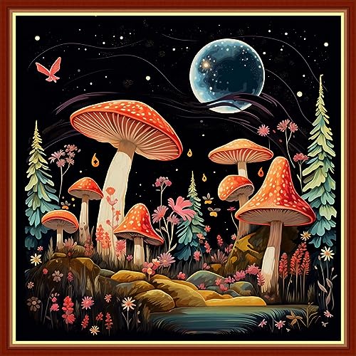 Image of Foxhool Beginners Cross Stitch Kits Stamped Full Range of Embroidery Kits for Adults DIY Cross Stitches kit Embroidery Patterns for Needlepoint kit-Colorful Mushrooms 17.7x17.7 inch