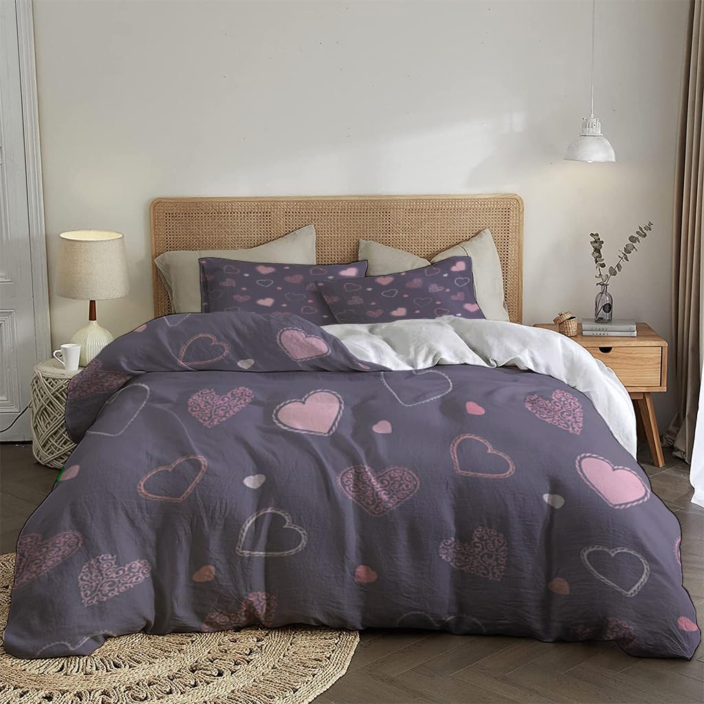 NIBAINLO 布団カバーさまざまなハート 肌に優しい ピーチスキン加工 掛け布団カバー 和式 洋式 あったか 布団カバーセット リバーシブル ホームステイ ホテル 家庭兼用