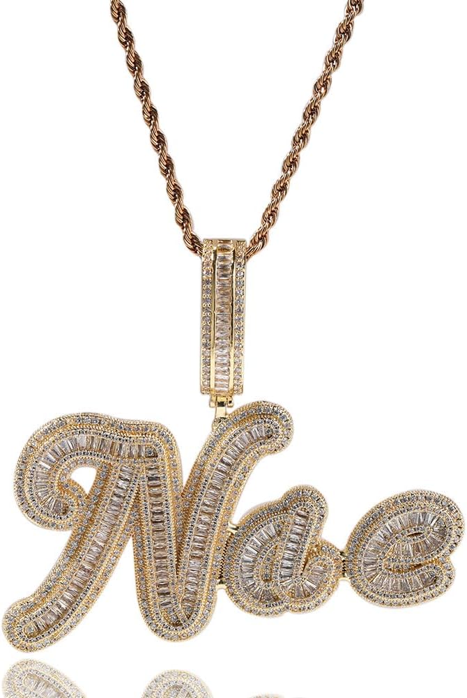 Lulu Mel Personalized Gold-Plated Iced Out Name Necklace for Men and Women, Custom Hip-Hop jewelry A-Z Letters nameplate Pendant with Tennis Chain, Unisex Rapper Chains in Gift Box