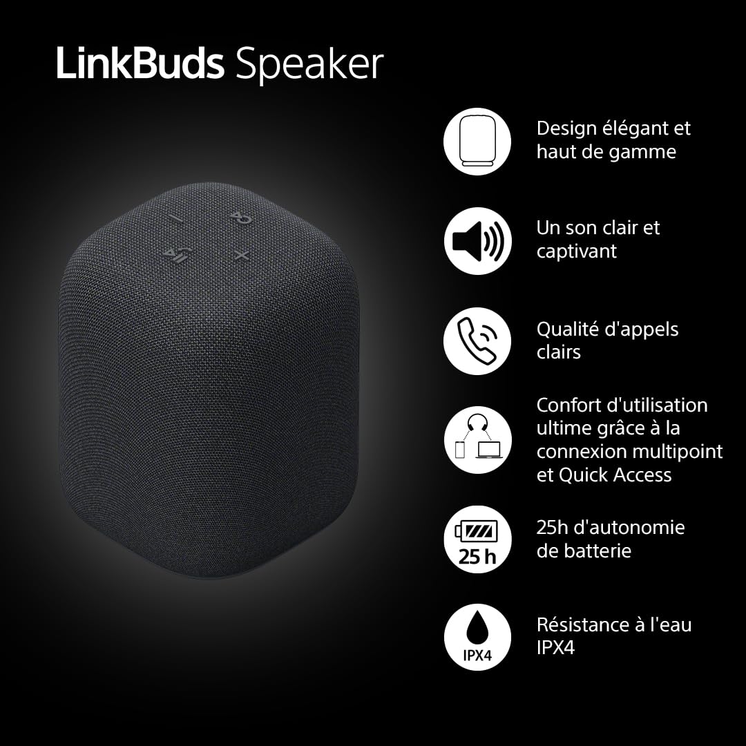 Sony Enceinte LinkBuds - Enceinte Portable sans Fil Bluetooth, IPX4, Résistante à l'eau, Batterie de 25 Heures, Qualité d'Appel Clair, Outdoor, Voyage - Noir