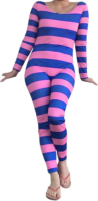 Halloween Cheshire Cat Costume for Women Long Sleeve Striped Full Length Jumpsuit Cosplay Party Outfits