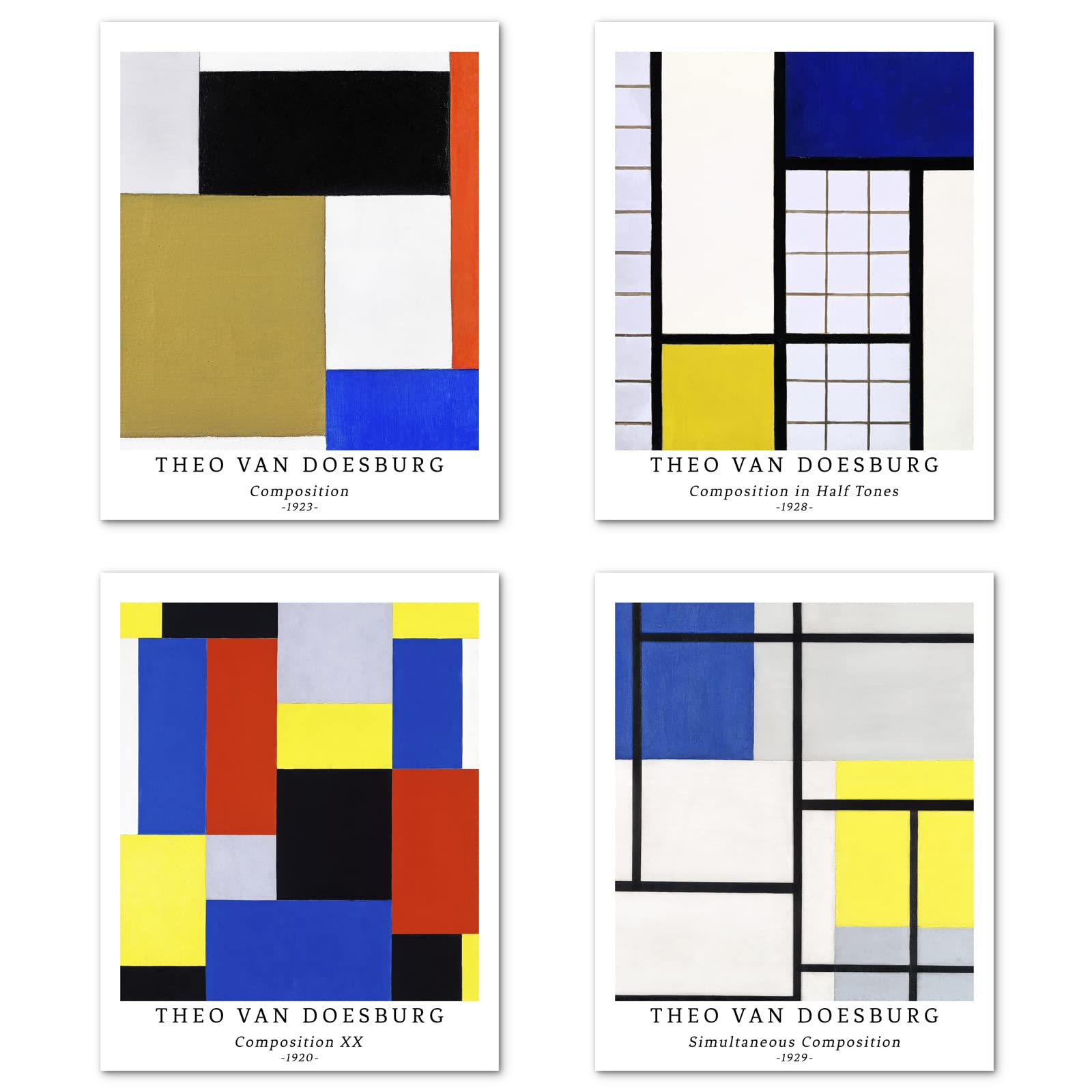 Berkin Arts Wall Unframed Prints Giclee Paper Set of 4, 11x14 inch Abstract Geometric work, College Decoration Multicolor Composition Theme Trendy Theo Van Doesburg Prints