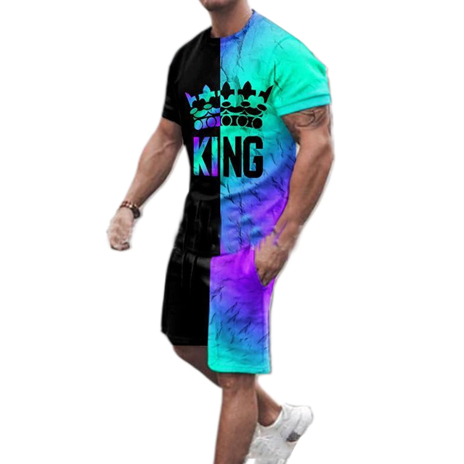 AllMonyba Ropa Deportiva Casual de Verano para Hombres Traje de Moda para Correr King Camiseta de Manga Corta Estampada + Pantalones Cortos Conjunto de 2 Piezas