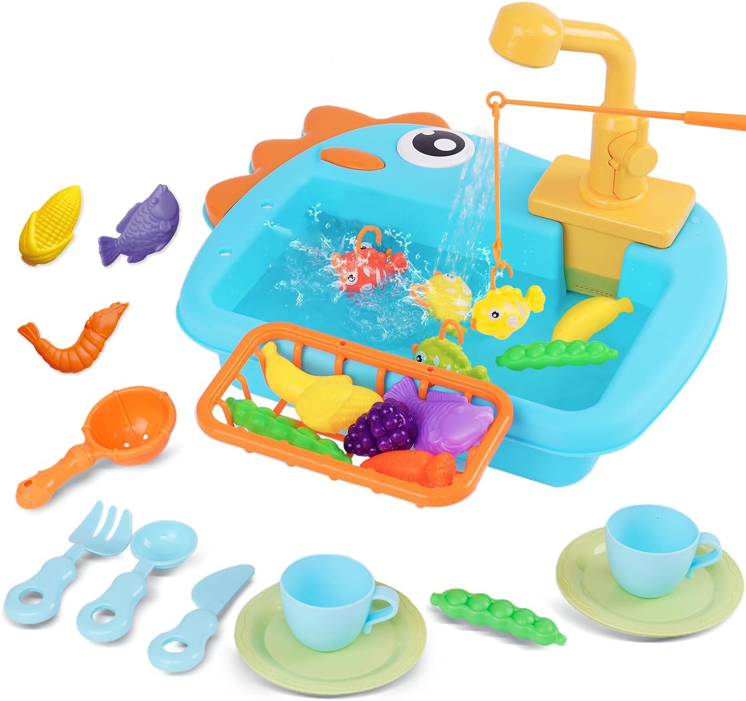 Küchenspüle Kinder mit Wasser Spielzeug Set mit Wasserfunktion Montessori KüChenzubehöR Batterie mit Pumpe Und StäNder Outdoor Garten Wasserhahn KüChe Rollenspiel 1 3 4 Jahre Blau