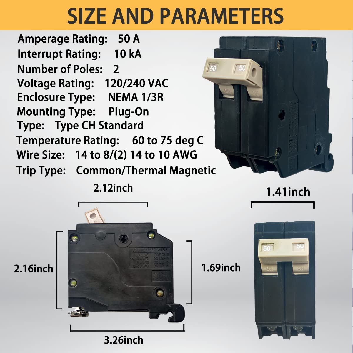 CH250 2-Pole 50-Amp Circuit Breaker, Type CH 3/4-Inch Plug-On Molded Case Circuit Breaker, Thermal Magnetic Protection, 10 KAIC, 120/240V, Fit for Cutler Hammer Load Centers