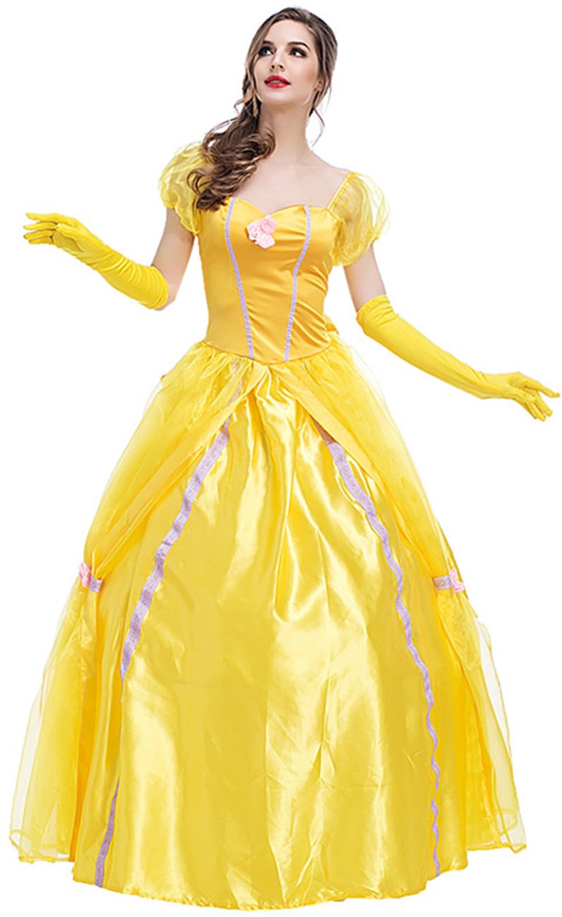 Déguisement Princesse Belle Femme et Gants Adulte Cosplay La Belle et la Bête Longue Tulle Reine Robes de Soirée Fancy Dress Halloween Noël Carnaval Anniversaire Fête Costume Jaune