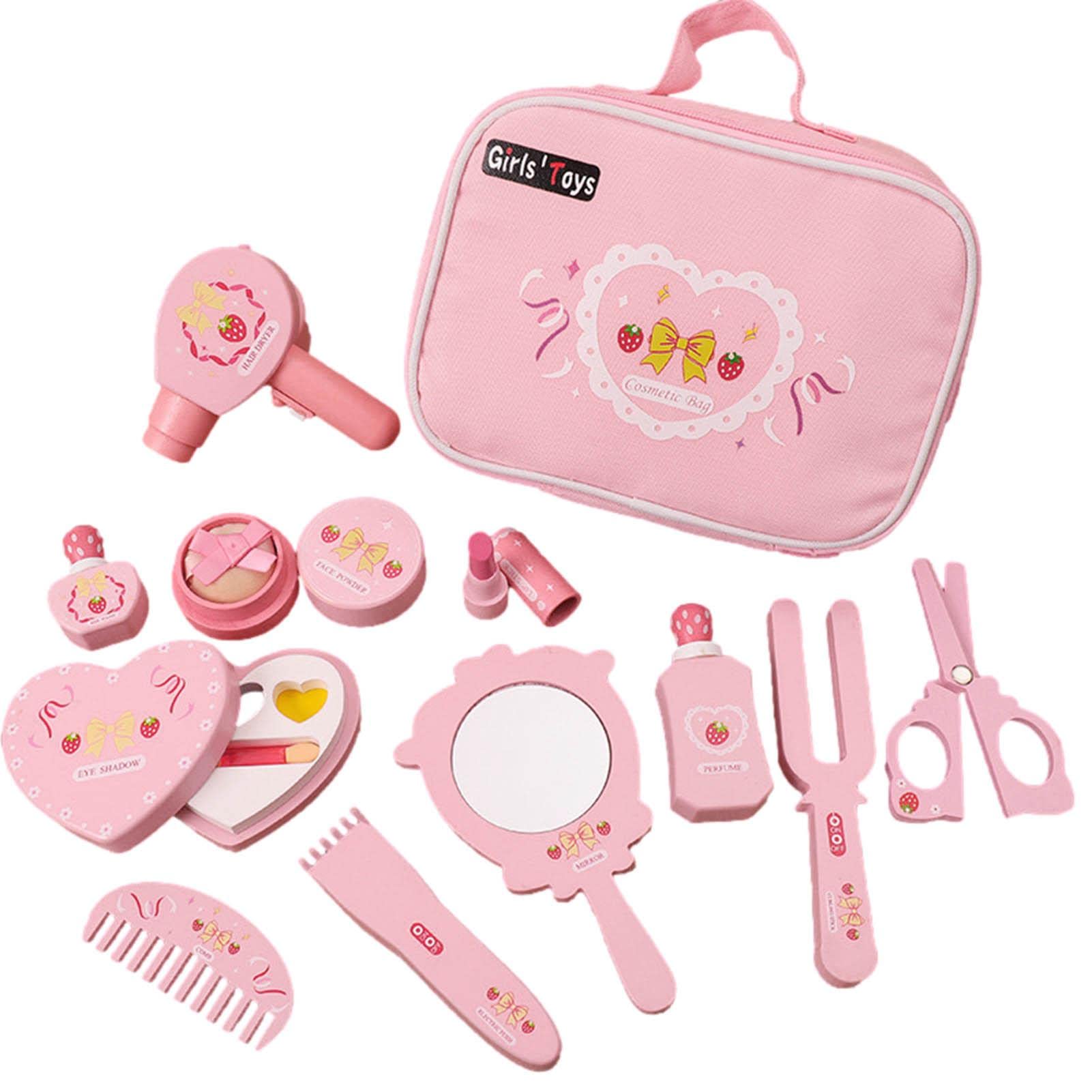 YiYun Madera para salón Belleza, Kit Maquillaje para niños pequeños 12 Piezas con Bolsa cosméticos, Juguete Madera para Maquillaje, Kit Maquillaje portátil para niñas Mayores d