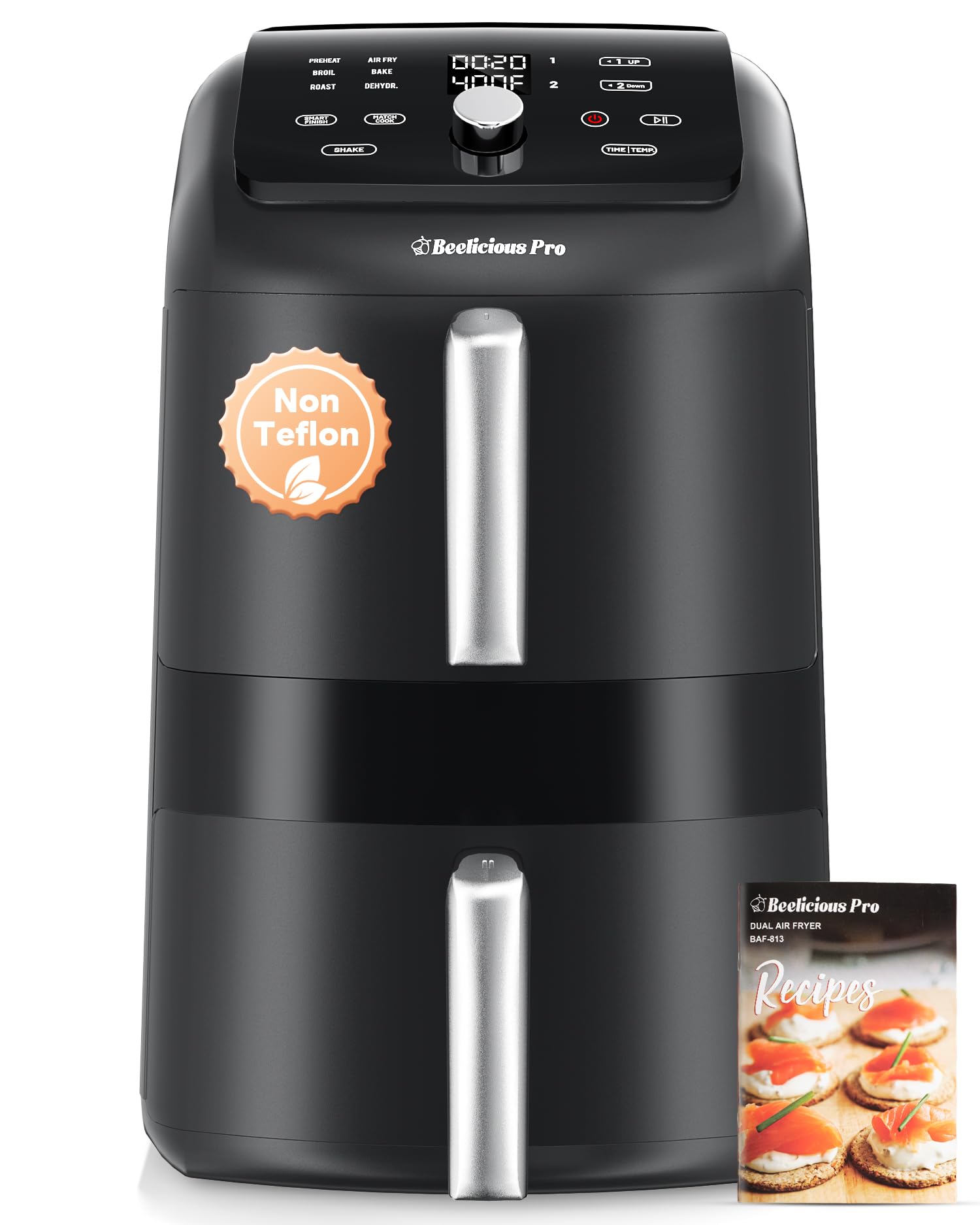 Photo 1 of 12QT Large Double Air Fryer, Family-Size Dual Airfryer with 2 Baskets, SyncHeat Even Heating, Stacked Compact Design, Smart Finish & Match Cook, PFAS-Free Nonstick, Dishwasher-Safe, Ash Black