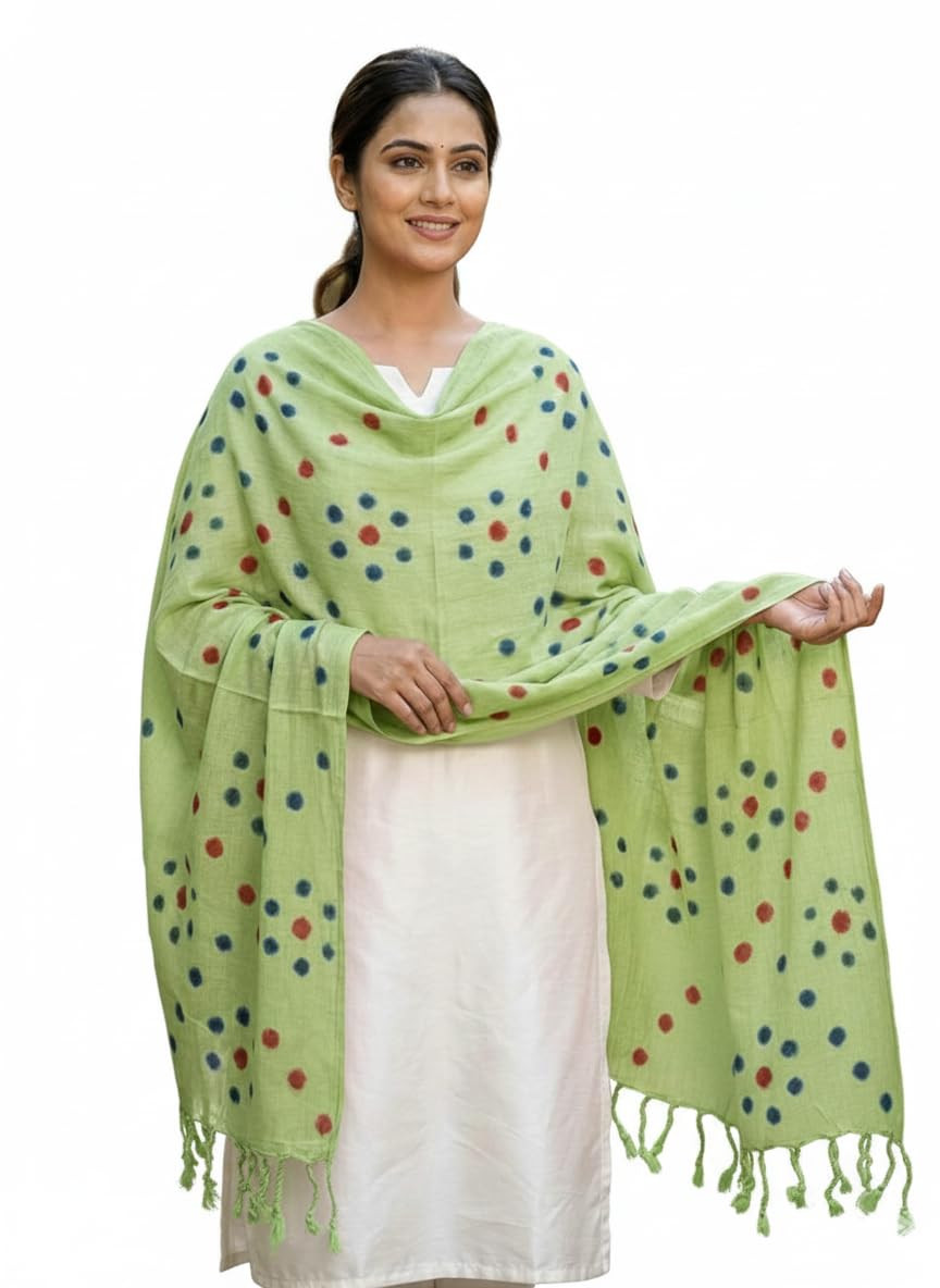 Cotton Stoles with Polka Dot Pattern | Light Green Base with Blue and Red Dots | Tasseled Border | Lightweight Summer Wear | 1.75 m x 0.75 m-image-5