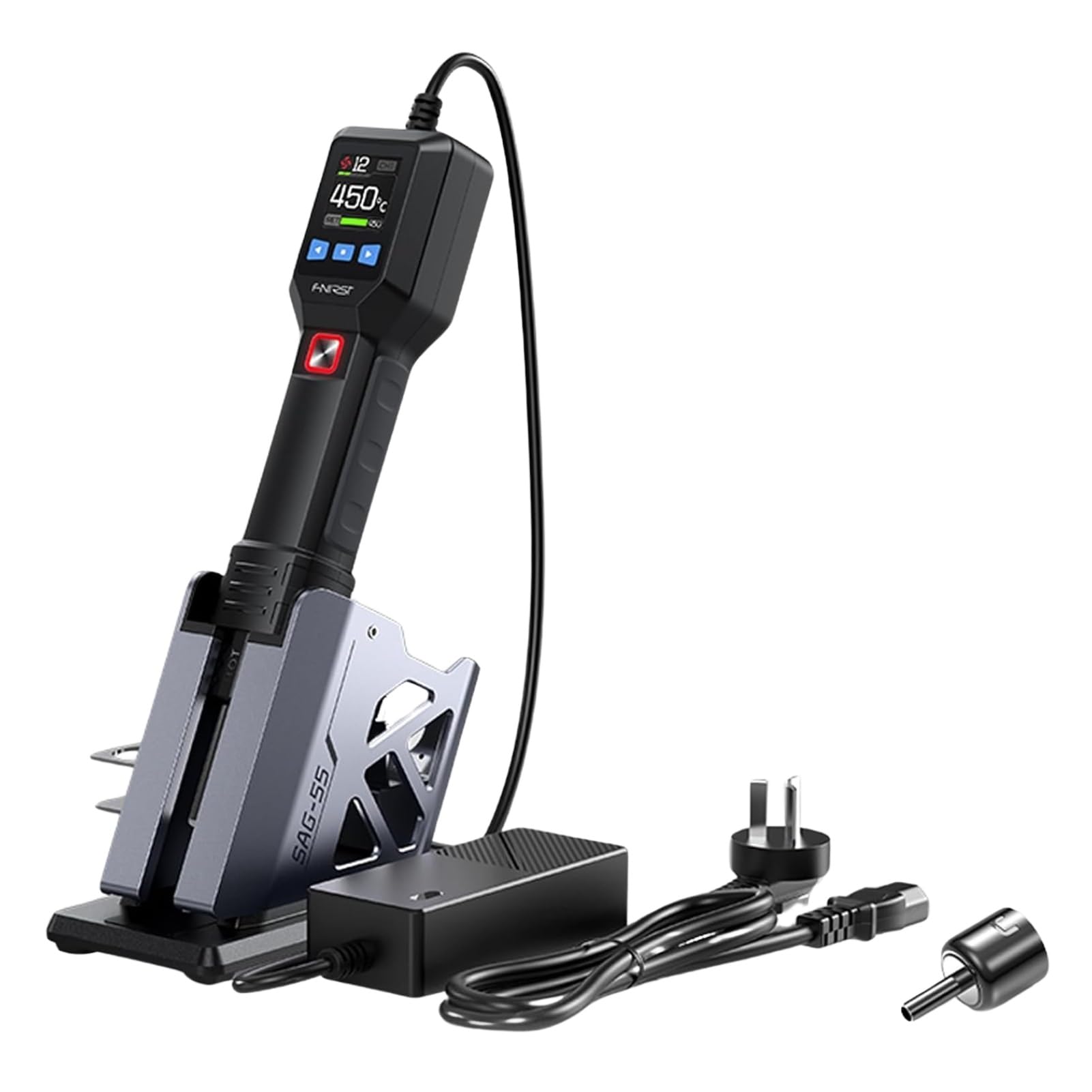 DEWIN Heißluftpistole mit Digitalanzeige, 550W Tragbare Mini Heißluftfön, Temperatur 100-450°C, 20 Windgeschwindigkeiten