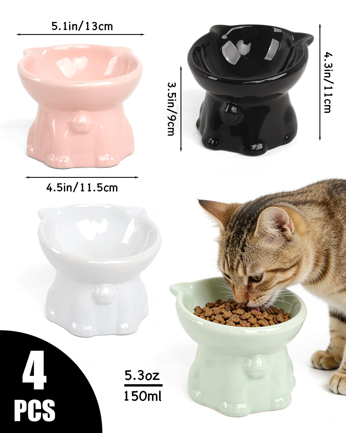 Lot de 4 gamelles surélevées en céramique pour chat, petit chien, chaton, passe au micro-ondes et au lave-vaisselle, 13 x 10,9 cm