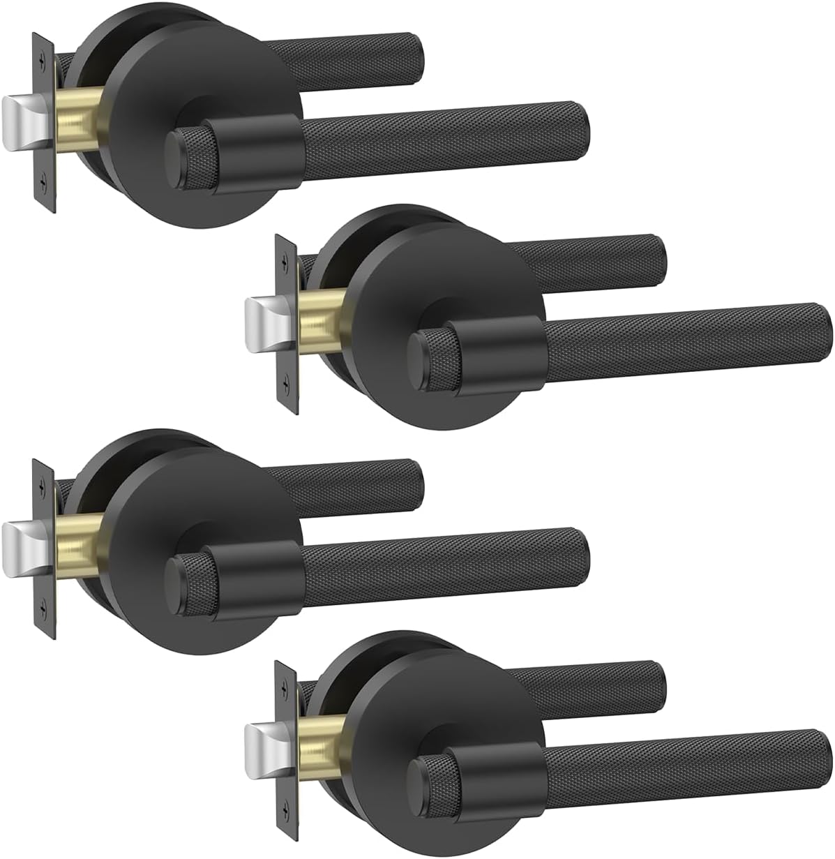 Asidrama 4 Pack Passage Black Knurled Door Handles, Door Lever with Door Knobs Indoor for Bedroom or Bathroom, Heavy Duty Matter Black Door Handles Interior with Locks for Left Right Sided Doors