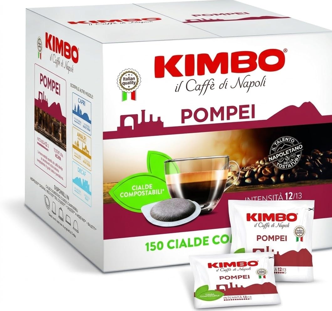 Caffè KIMBO, Le Meraviglie del Gusto, Miscela POMPEI, 300 Cialde Compostabili ESE, Miscela Forte e Decisa, Intensità 12/13, Tostatura Scura, 2 Pack da 150 -DD-