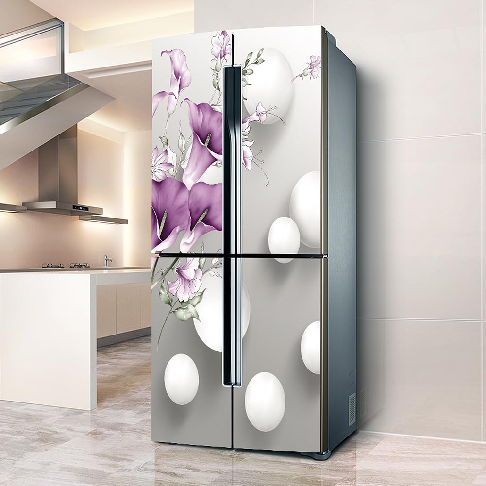 Myxjx One Color Fridge Wrap, Full Covering Door Fridge Covers Skins Wall Stickers For Kitchen Decal, Purple Flower Horseshoe Lotus
