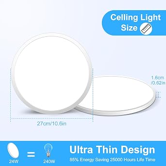LightingWill 24W LED Flush Ceiling Light, Ultra Slim 27cm Bathroom Ceiling Light, 2000LM 6500K Daylight White, Modern Round Flush Mount Light for Kitchen, Hallway, Bedroom, Utility Room [Energy Class A+]