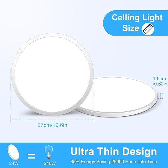 LightingWill 24W LED Flush Ceiling Light, Ultra Slim 27cm Bathroom Ceiling Light, 2000LM 6500K Daylight White, Modern Round Flush Mount Light for Kitchen, Hallway, Bedroom, Utility Room [Energy Class A+]
