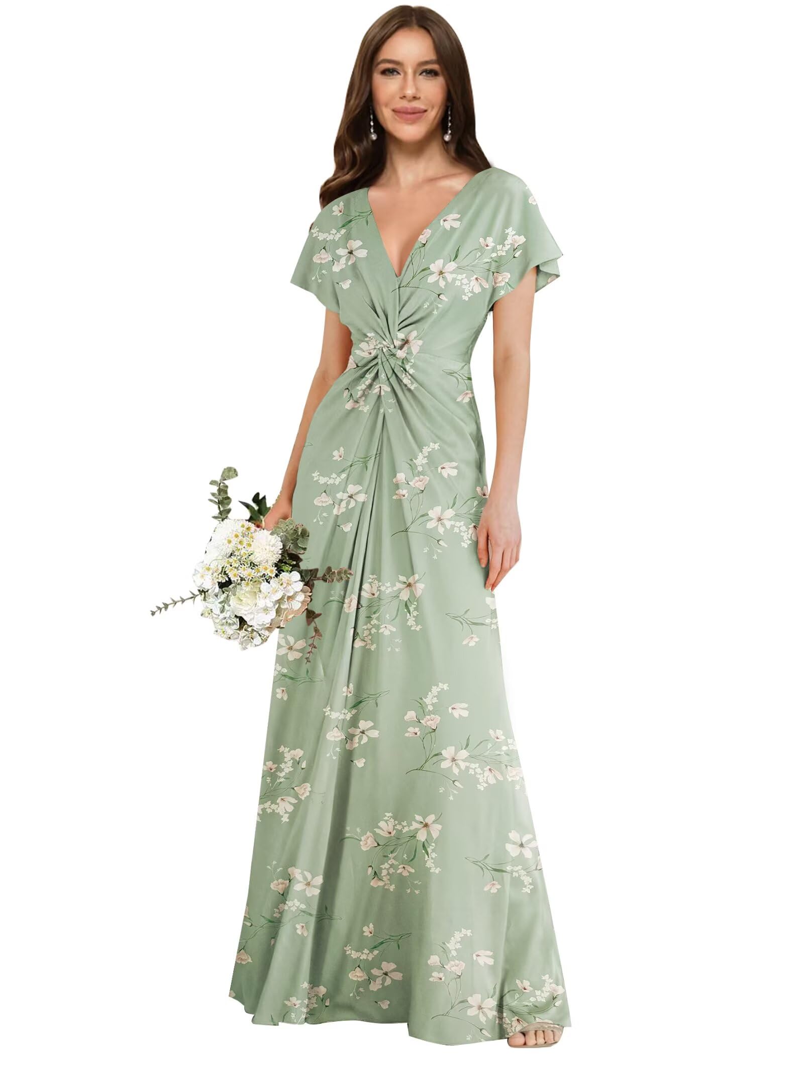 MYDRESS Satin Bridesmaid Dresses for Wedding Short Sleeves A Line Long Formal Party Dress