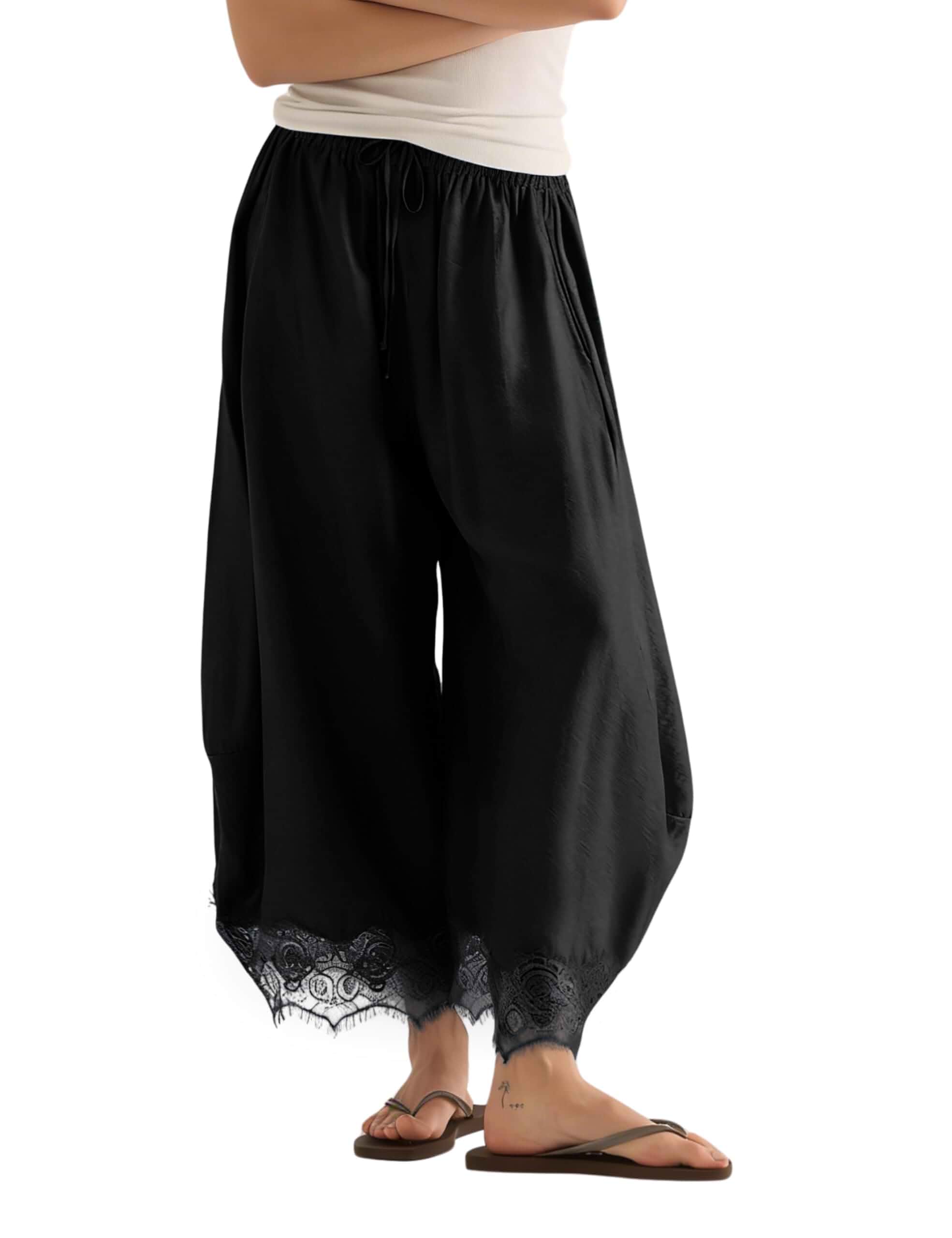 Lviefent Womens Cropped Lace Hem Pants Casual Boho Wide Leg Capri Trousers lightweight, lace hem, drawstring waist, 2 pockets, crop wide leg, lounge travel vacation beach pants, elegant casual style