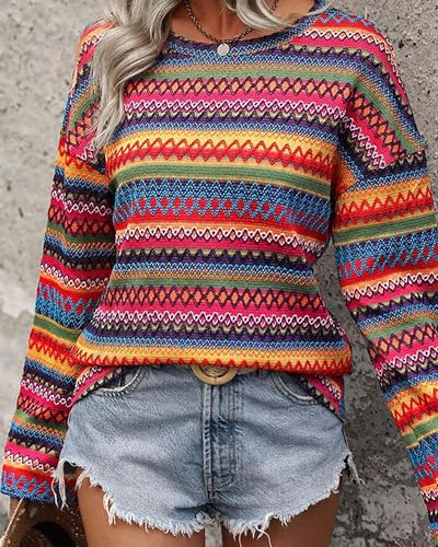 BAIMORE Women's Fashion Round Neck Colorful Striped Long Sleeve Knit Pullover Sweater2