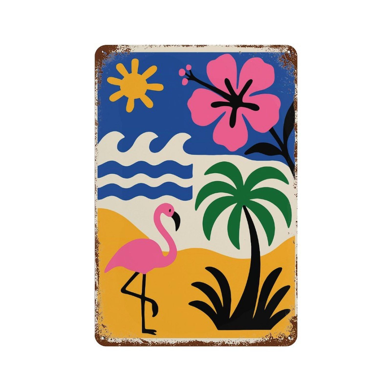 Tropical Beach Scene with Flamingo Rusty Metal Tin Sign 11.8"x7.9", Vintage Wall Decor for Garage, Pub Or Kitchen
