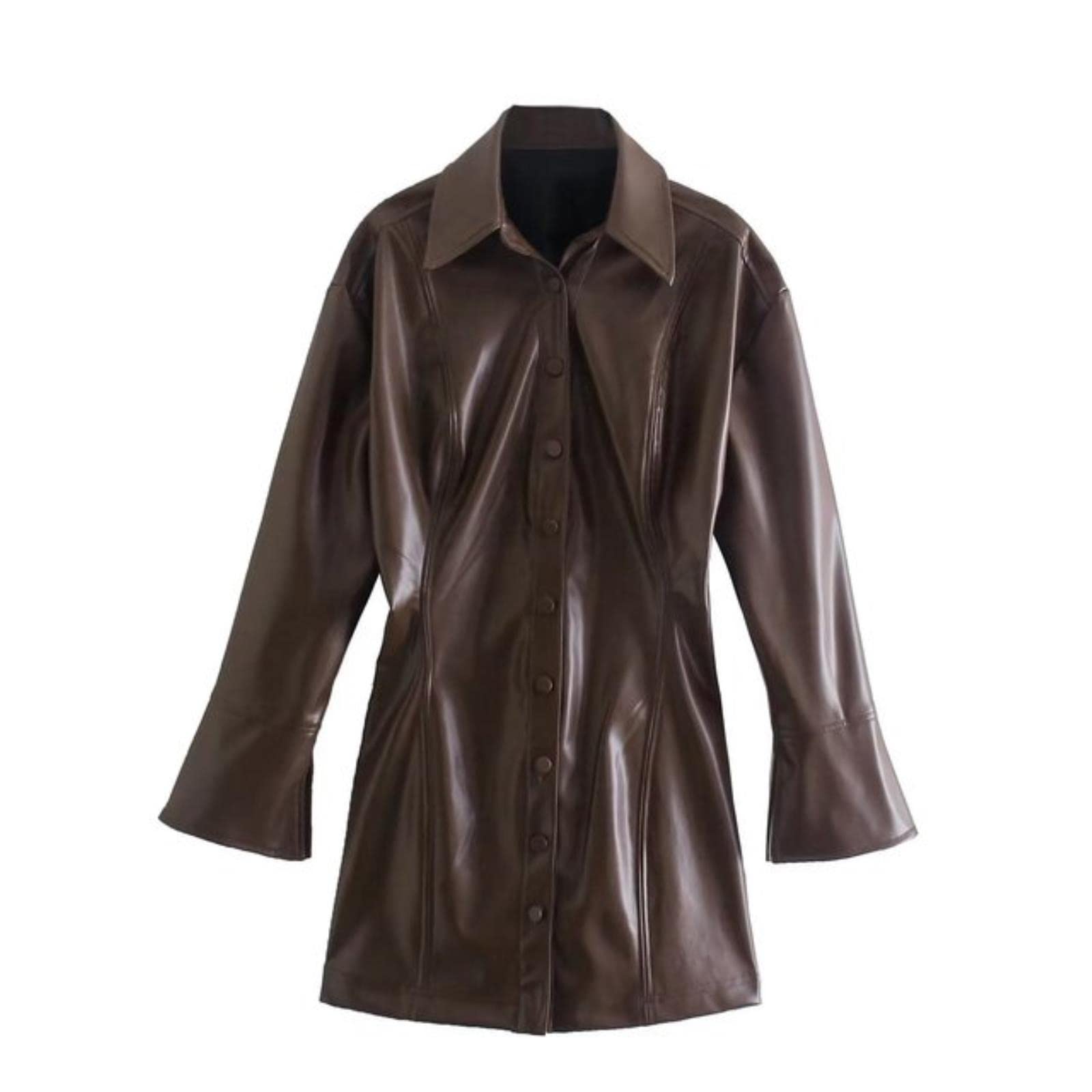 Vestido de camisa de cuero sintético de moda para mujer, manga larga acampanada, cuello de solapa ajustado, vestidos cortos de PU, túnica femenina elegante
