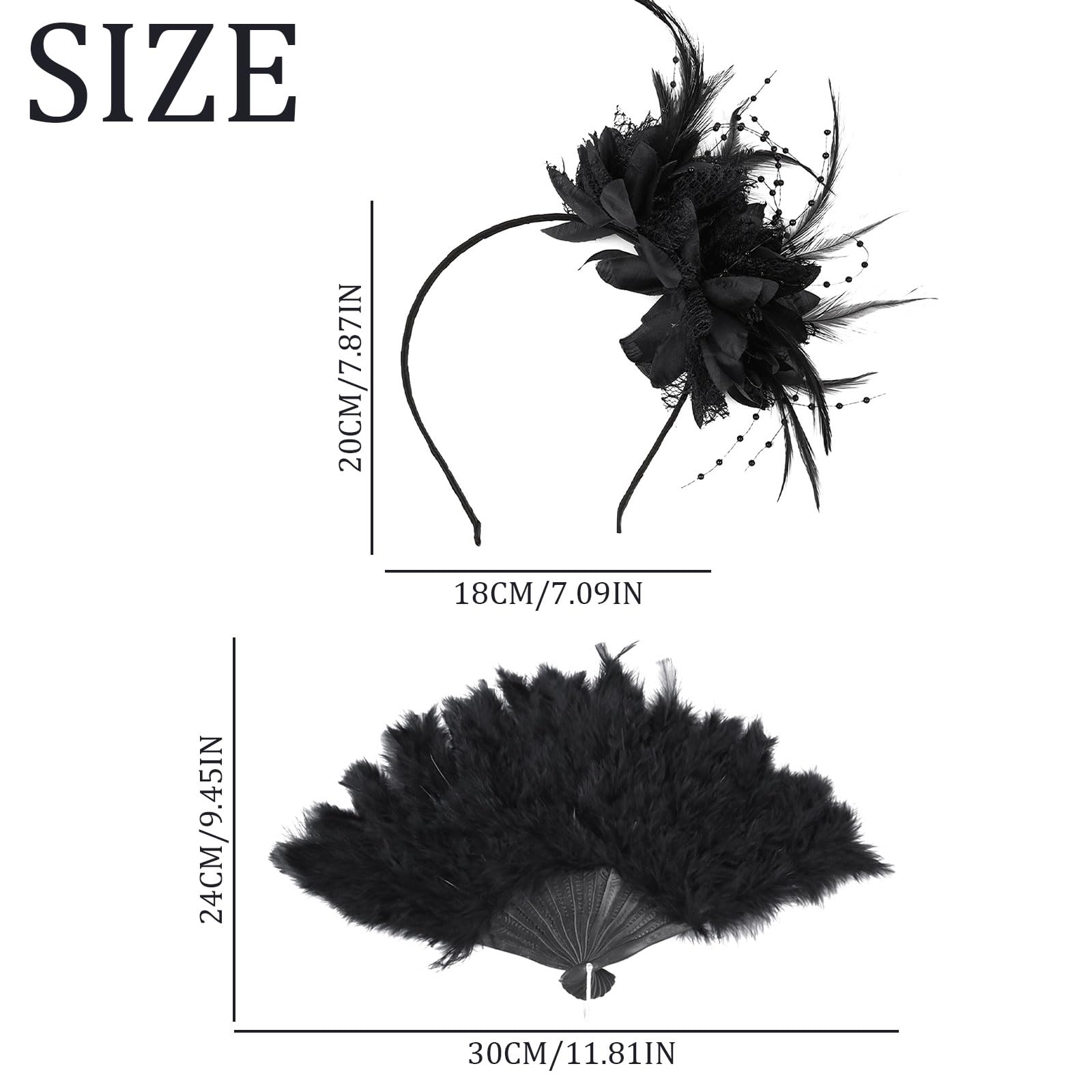 MUNSKT 2 Pcs Flower Cocktail Tea Party Feather Set, Headwear and Black Feather Fan - Image 2