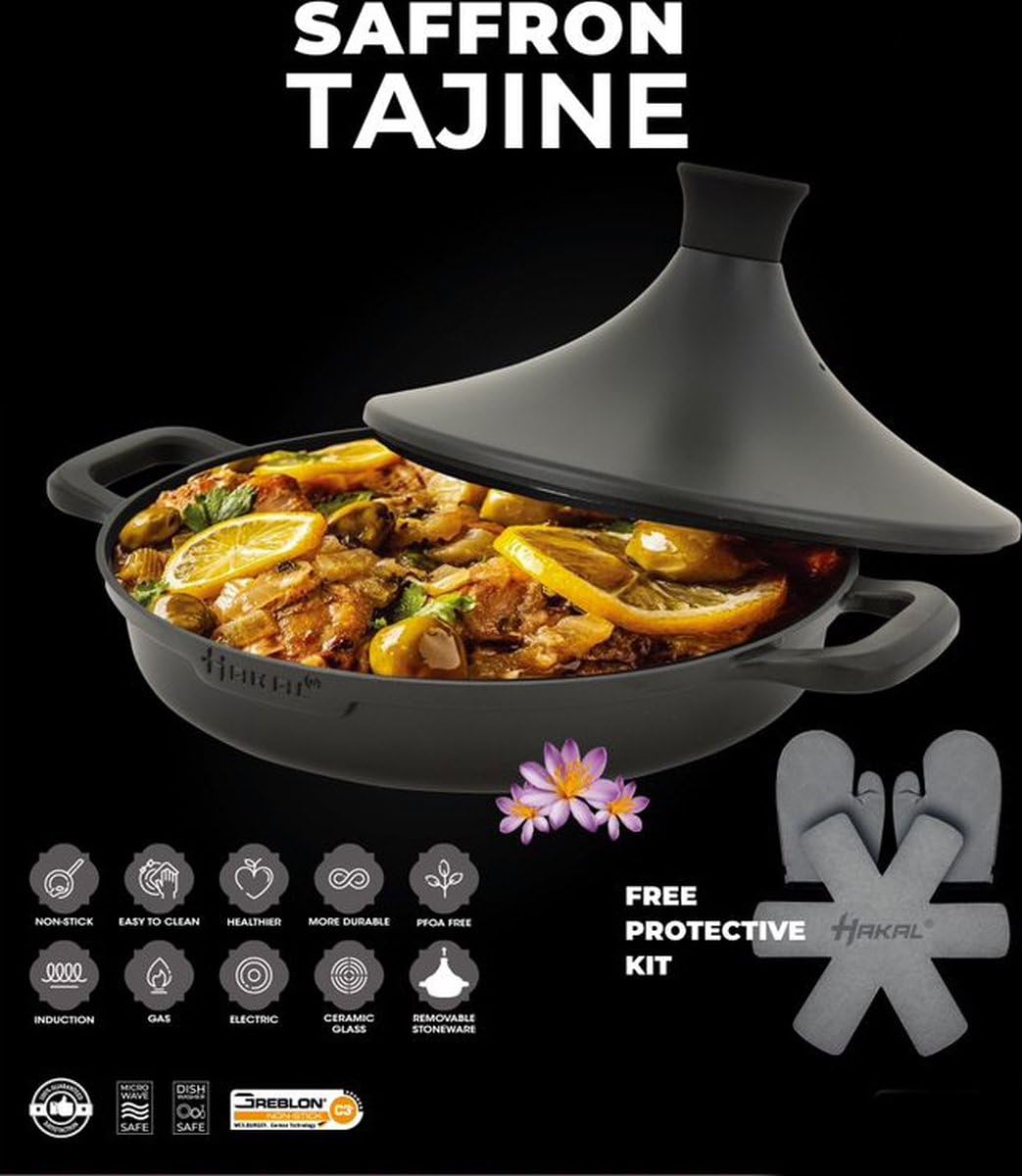 Tajine Saffron 30 cm - Non-stick - PFOA free- nadaje się do wszystkich płyt kuchennych - czarny wraz z rękawicami kuchennymi i filcem