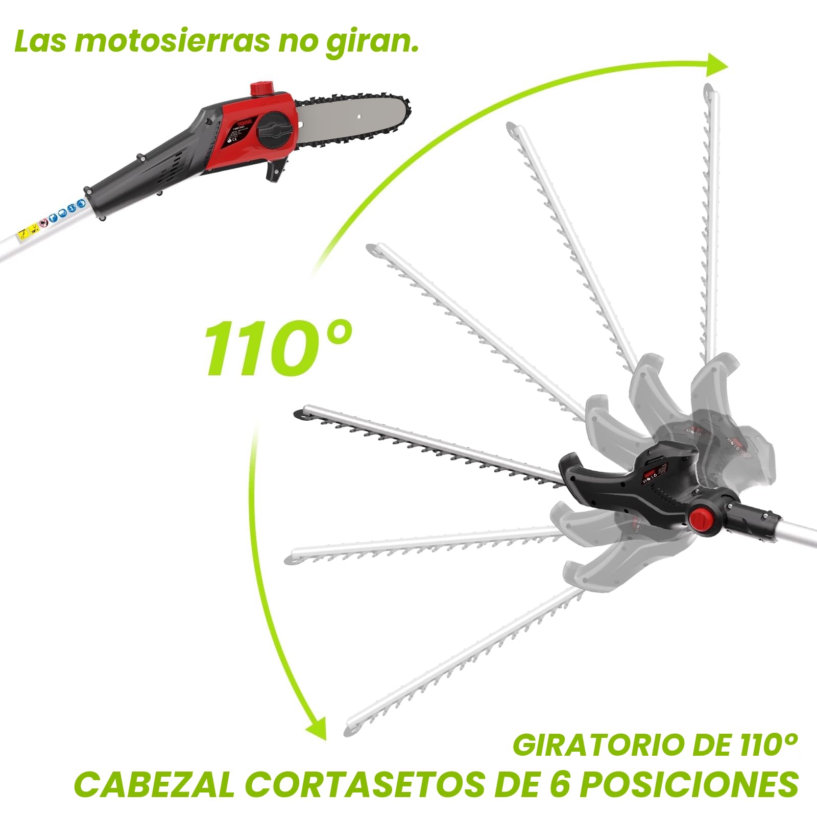 TEENO Cortasetos y Sierra eléctrica 2 en 1,Sierra y Cortasetos Pértiga a Batería con Correa Hombro,Barra Sierra 20 cm,Cortasetos 42 cm y Cuchillas Doble Acción,Incluye batería de 20V 4000mAh