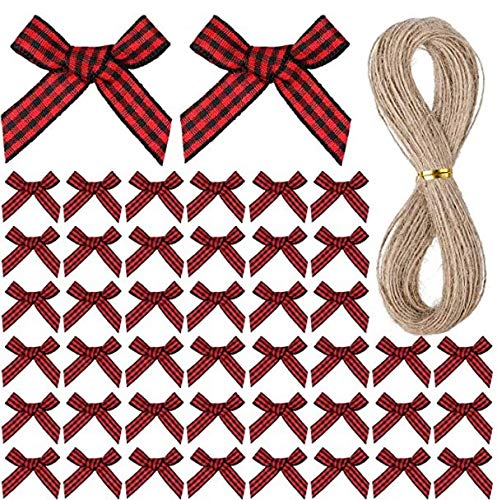 200Pcs Gingham Ribbon Bows Mini Checkered Plaid Ribbon Bows, Mini Red and White Plaid Bows with 66 Feet Rope for Christmas DIY Craft Hair Accessories Wrapping (Mini red Plaid Bows)