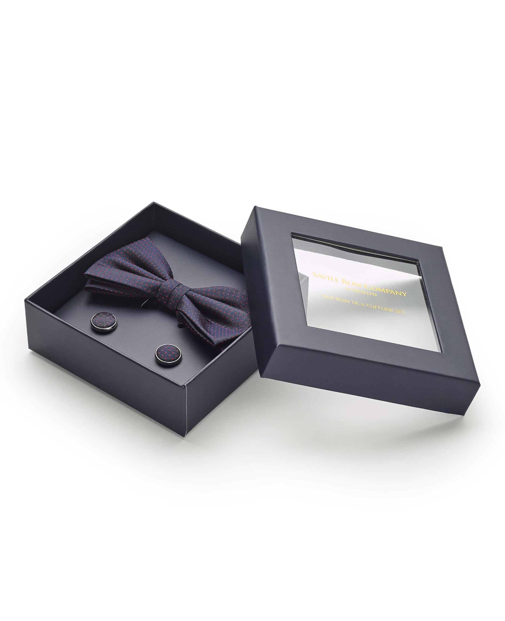 THE SAVILE ROW COMPANY LONDON Men's 100% Silk Ready Bow Tie & Cufflink Gift Set - Navy Pinspot