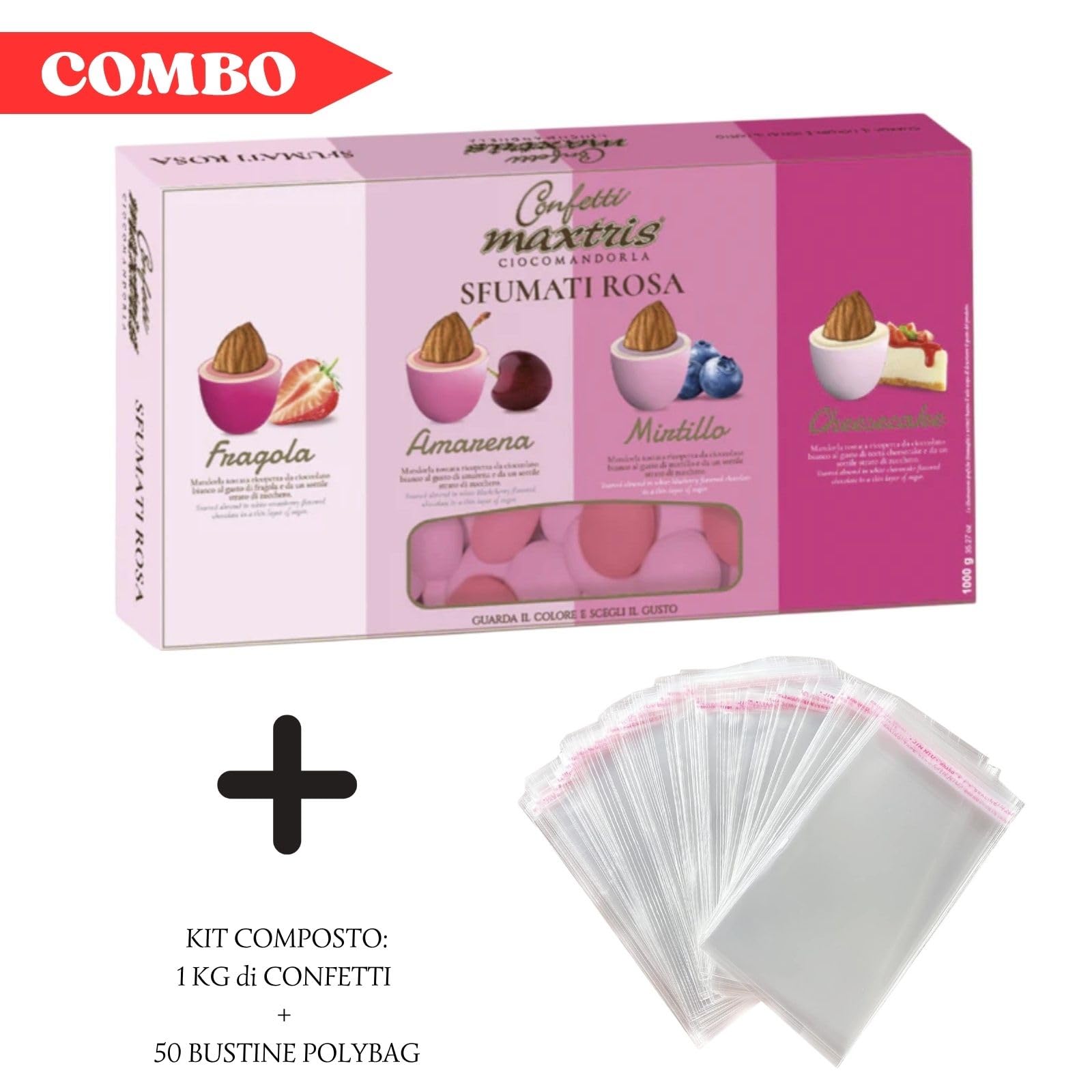 Doni Bomboniere Kit Confezione 1Kg Confetti Sfumati Rosa con Mandorla Ricoperta + 50 pz Bustine Portaconfetti Trasparenti per Battesimo Nascita Compleanno Bimba Made in Italy