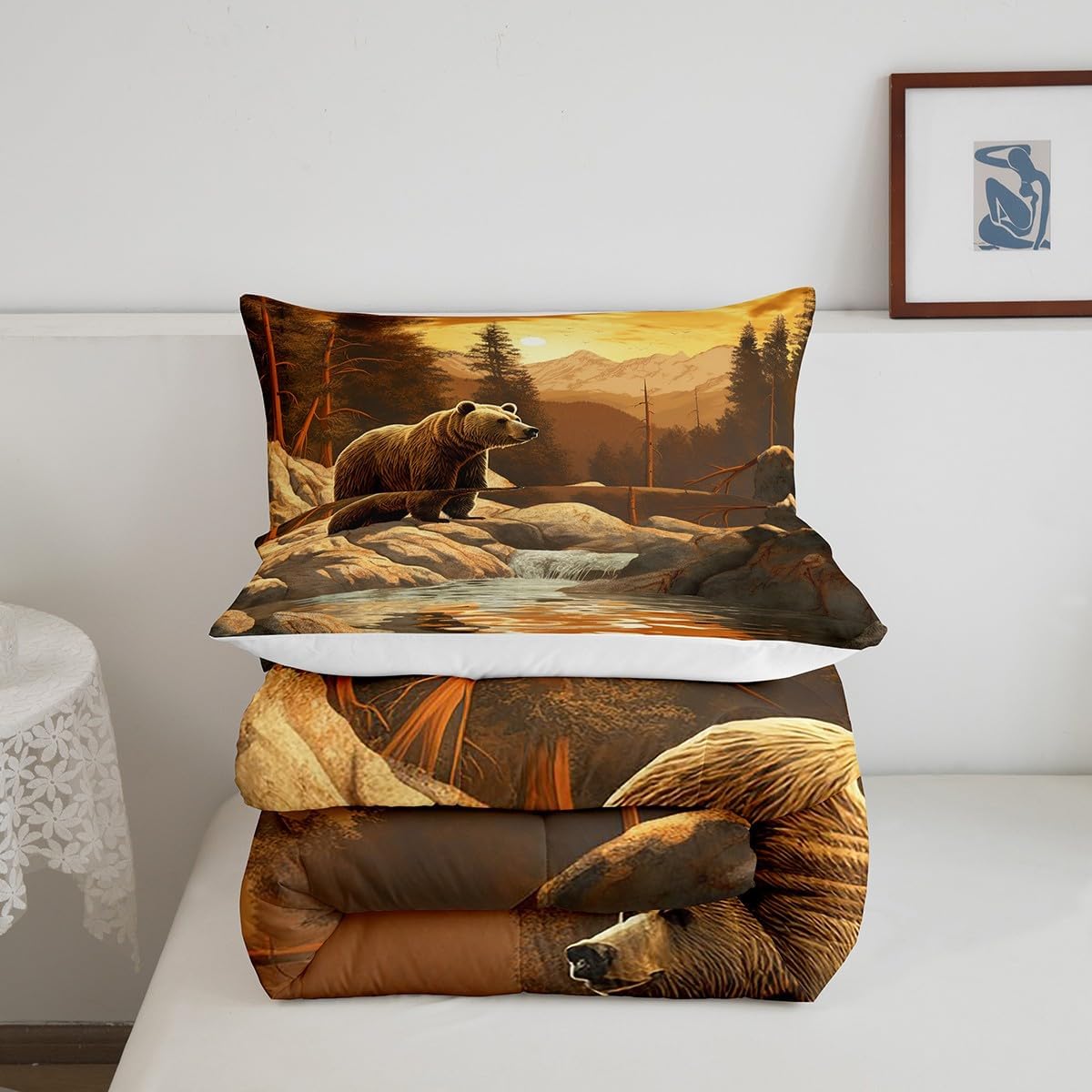 Rustic Cabin Queen Comforter Set,3D Brown Bear Quilt for Adults Men Boys,Country Lodge Mountain Style Duvet Insert for Lodge Room Decor,Westurn Wild Animals Pine Trees Bedding with 2 Pillowcases