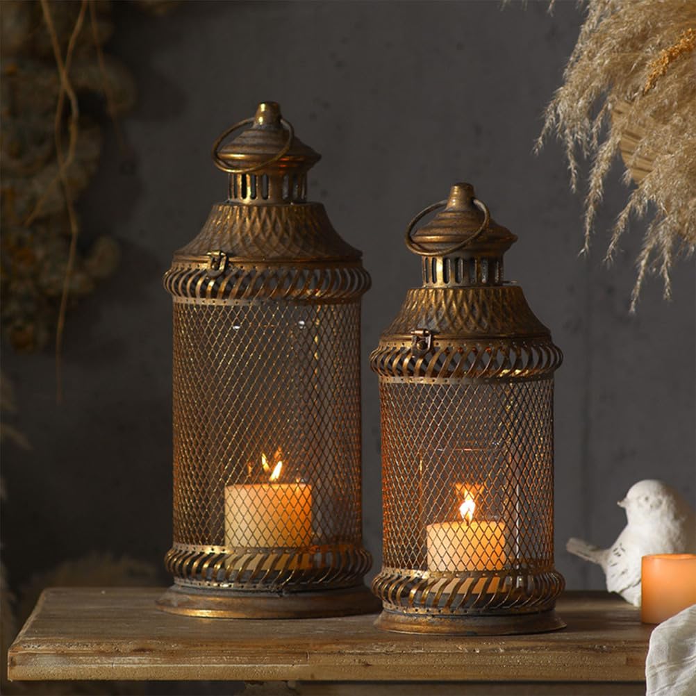 Faroles para Velas Juego De 2 Metal Desgastado Malla De Alambre Hueca Grande Pequeño Anillo Colgante Decoración Mesa para Comedor Boda Casa Rural Hotel Posada Estilo Retro Rústico