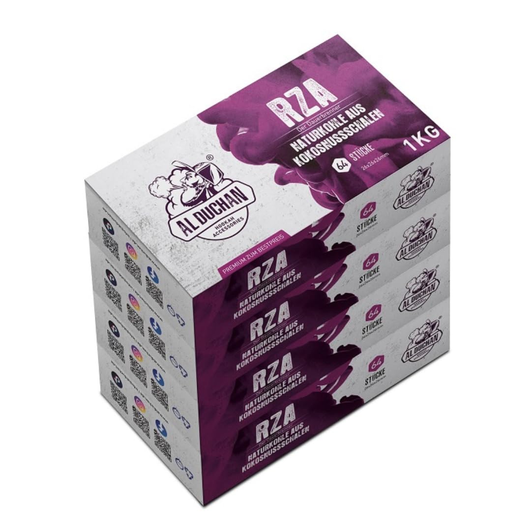 Shisha Kohle Naturkohle – Premium Kokoskohle für Wasserpfeife – 1KG, 4KG, 10KG, 20KG – Hohe Hitze, Lange Brenndauer (RZA 26x26x26mm 4KG)
