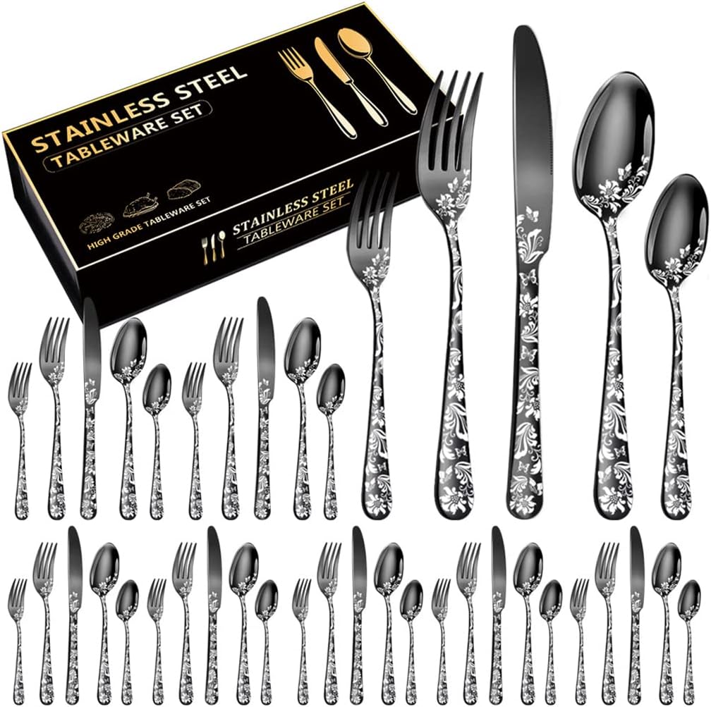 XIAOYU 40 Piece Silverware Set, Stainless Steel Flatware Set, Service for 8, Unique Pattern Design, Includes Dinner Knives/Forks/Spoons, Mirror Polished Cutlery Set, Black