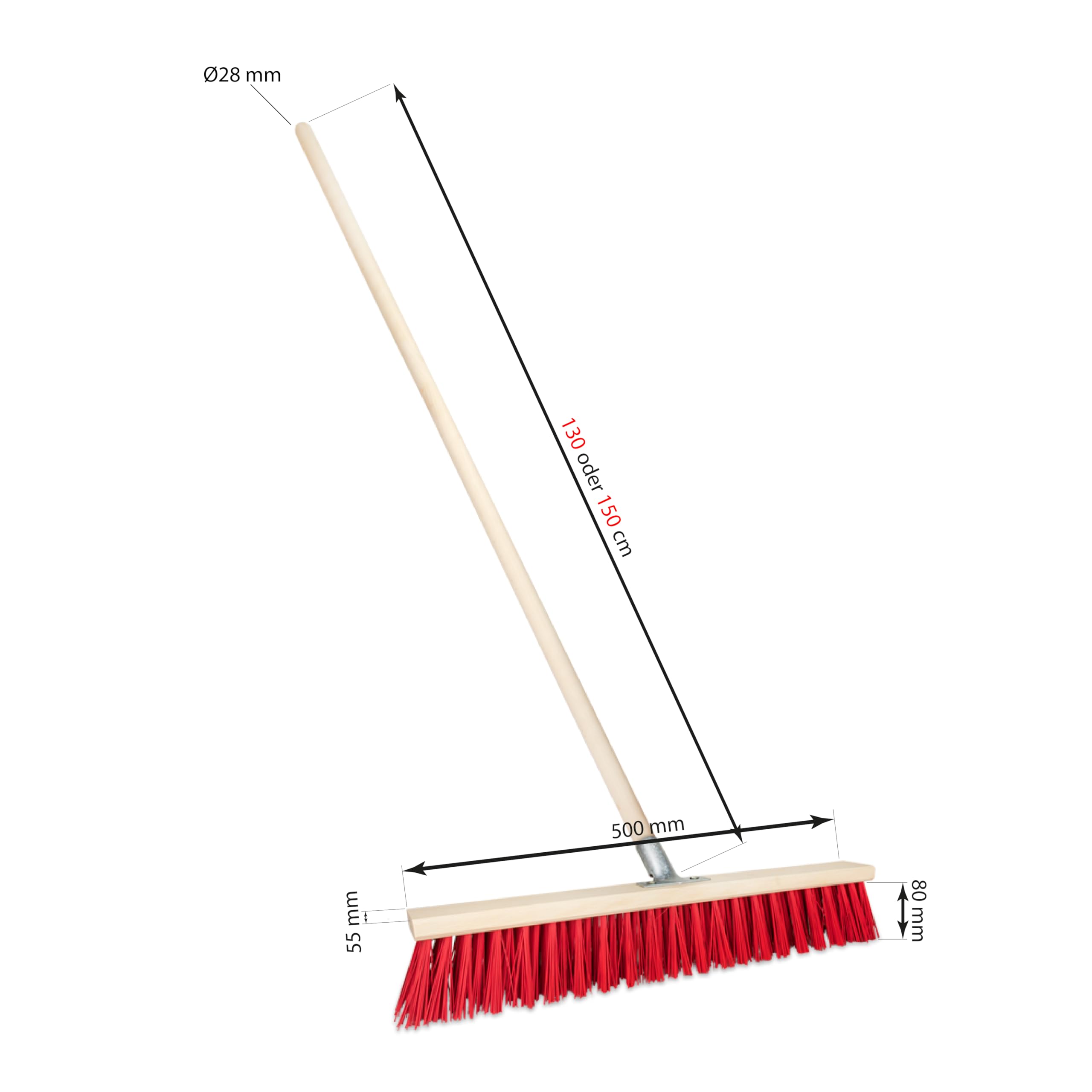 Straßenbesen mit Stiel Holz draußen Gartenbesen Industriebesen Robuster Outdoor Besen mit Stabilen Borsten für Hof Garten und Gehwege (50 cm mit 150 cm Holzstiel Ø 28)