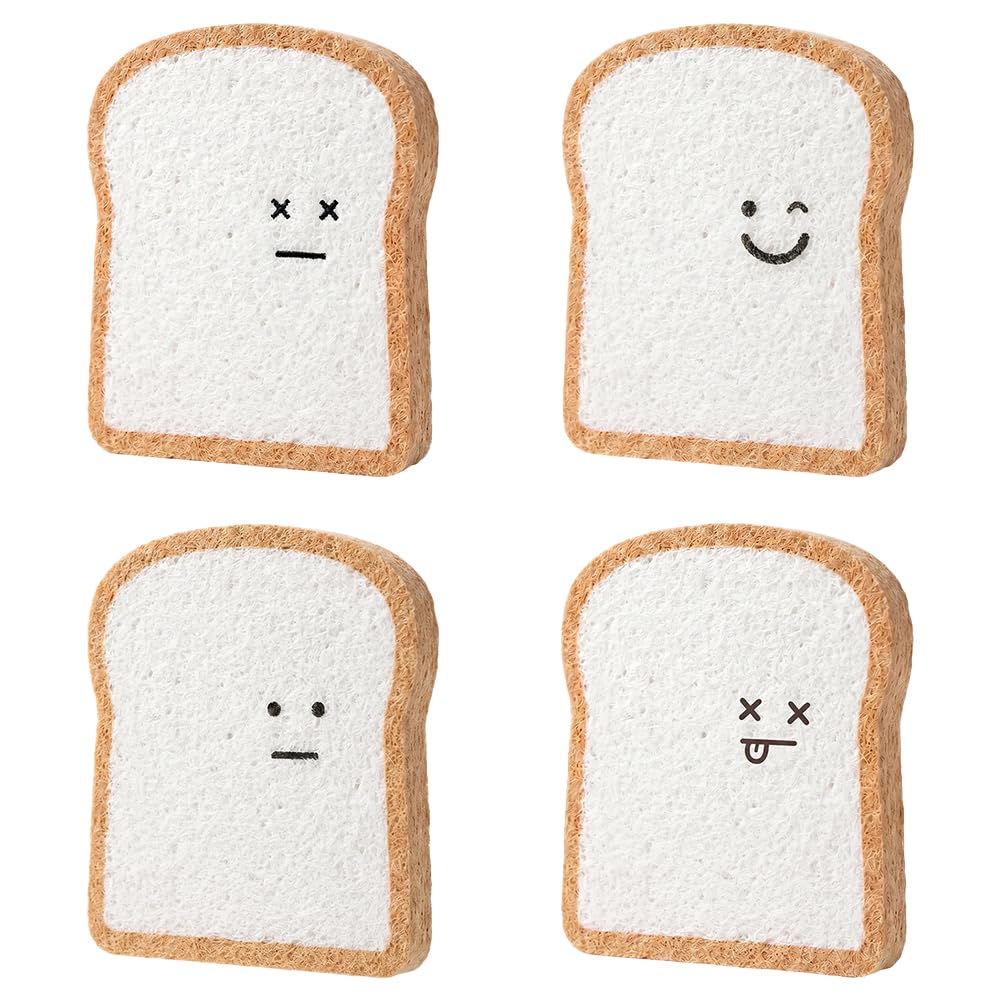 Bread Sponges, Toast Shaped Compostable Kitchen Scrubber Pads, Non-Scratch Dish Sponge Set (4Pcs) (4pcs-Big Eyes/Smiling face/X face/toot face)