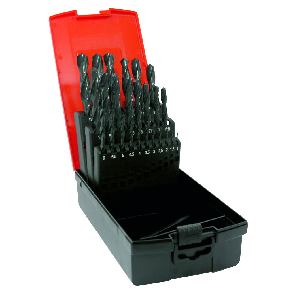 25 Piece Drill Bit Set, 1mm to 13mm bits included, Black