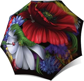 Wild Poppies Umbrella Red Design - Extra Large Colorful Floral Umbrella Windproof - Stick Designer Umbrella for Ladies with Hook Handle - Strong Quality Fashion Umbrella for Rain