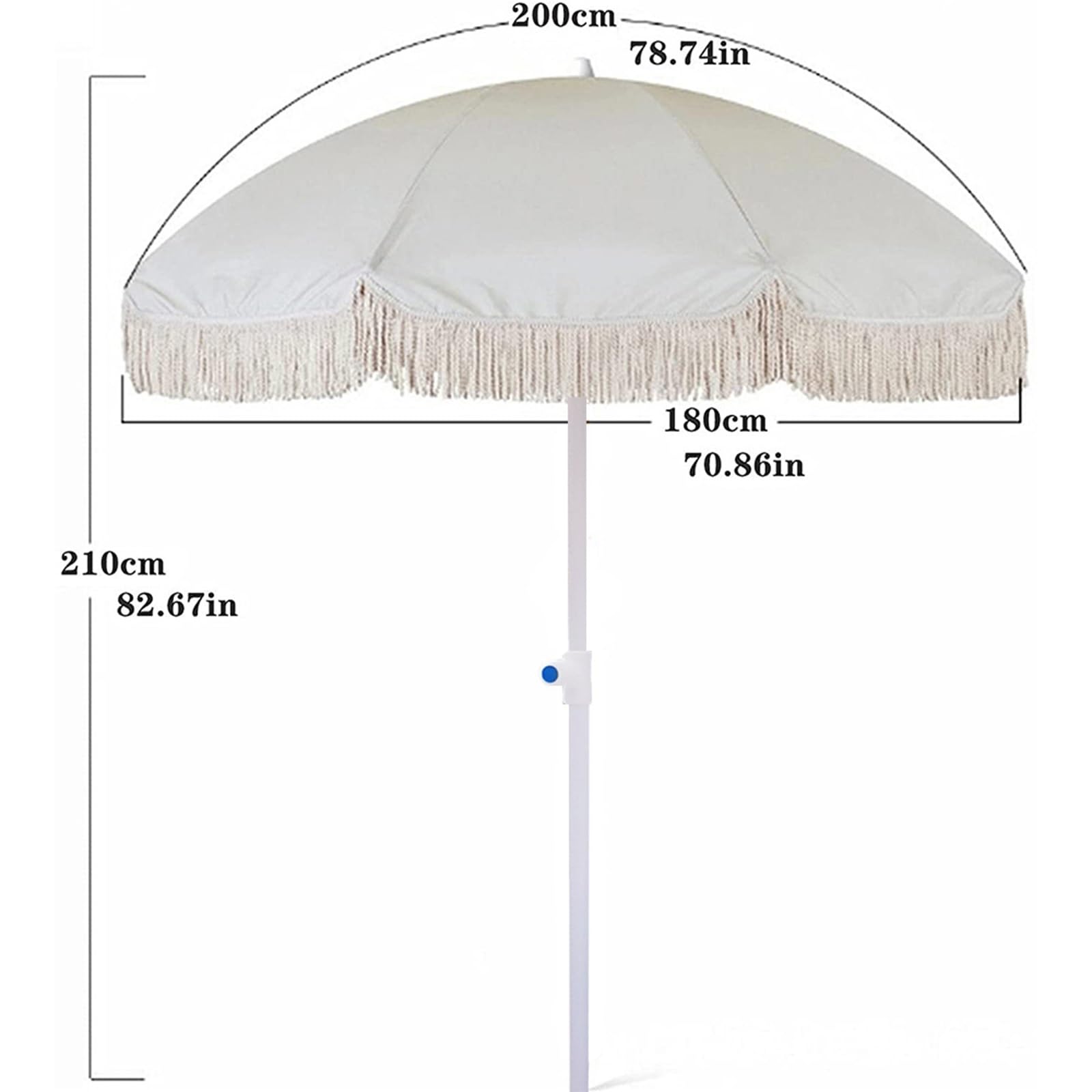 Strandschirm mit UV-Schutz, 200 cm, knöpfbar, Stahlstange, mit Quasten, Weiß