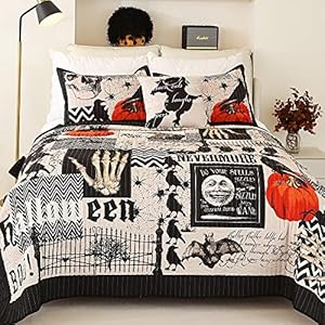 EVENHUG Halloween Theme Queen Size Quilt Bedding Set with 3 Pillow Shams Lightweight Soft Bedspread Coverlet Halloween Holiday Bed Cover for Bedroom Home Decoration (4 Pieces) EVENHUG Halloween Theme Queen Size Quilt Bedding Set with 3 Pillow Shams Lightweight Soft Bedspread Coverlet Halloween Holiday Bed Cover for Bedroom Home Decoration 4 Pieces