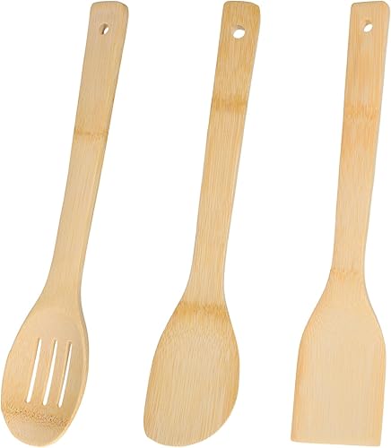 3Pcs Wooden Spoons for Cooking 12" Bamboo Slotted Spoon Spatula Kitchen Utensils Set for Non-Stick Pans Wooden Spatula for Nonstick Cookware