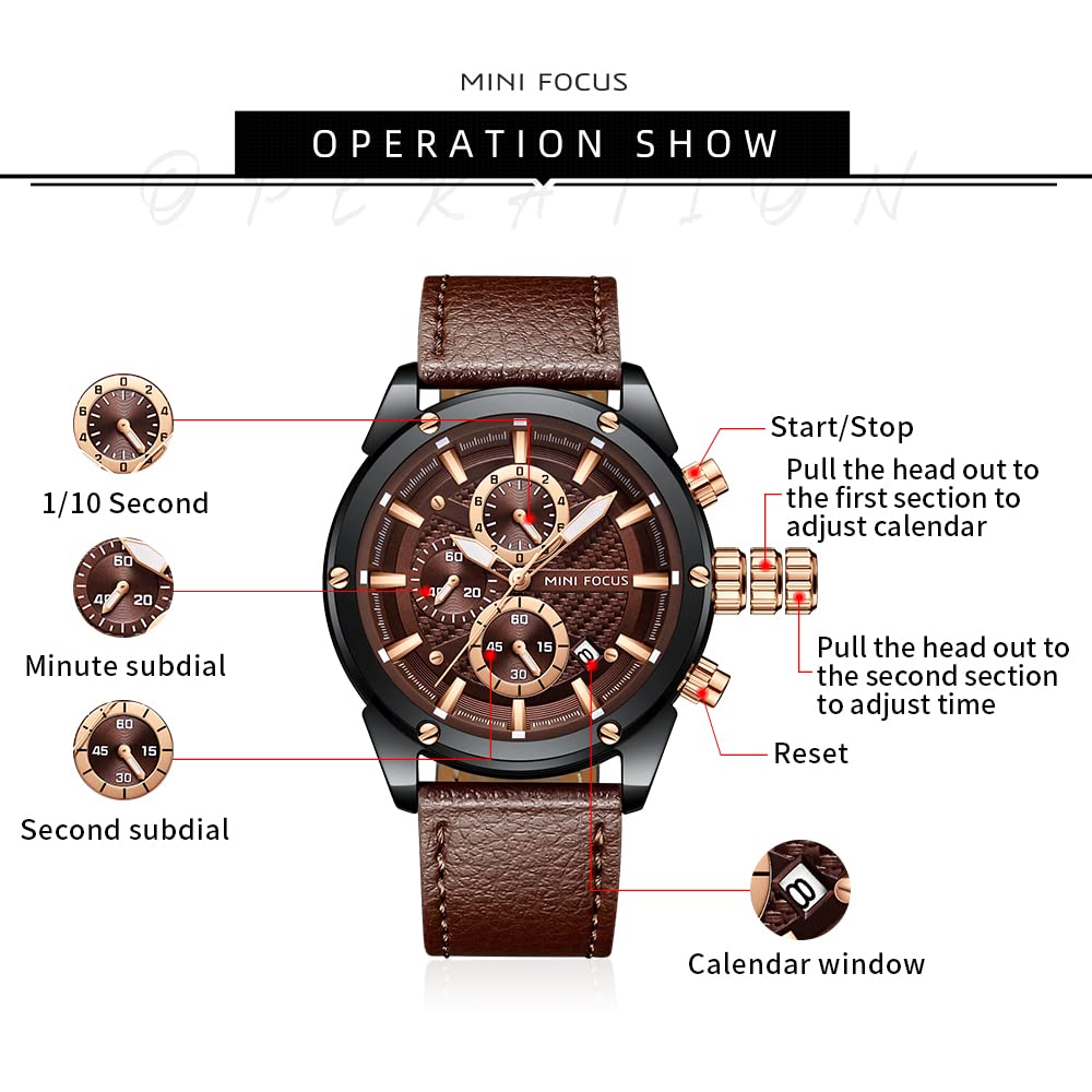 MF MINI FOCUS Men Watches Business Casual Wrist Watches (Multifunction/Waterproof/Luminous/Calendar) Genuine Leather Band Fashion Watch for Men