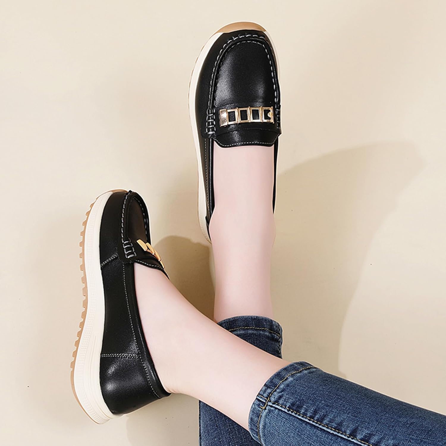 Womens Leather Slip On Loafers with Metal Decor Comfortable Round Toe Thick Sole Business Penny Shoes for Work Office Daily Casual - Image 2