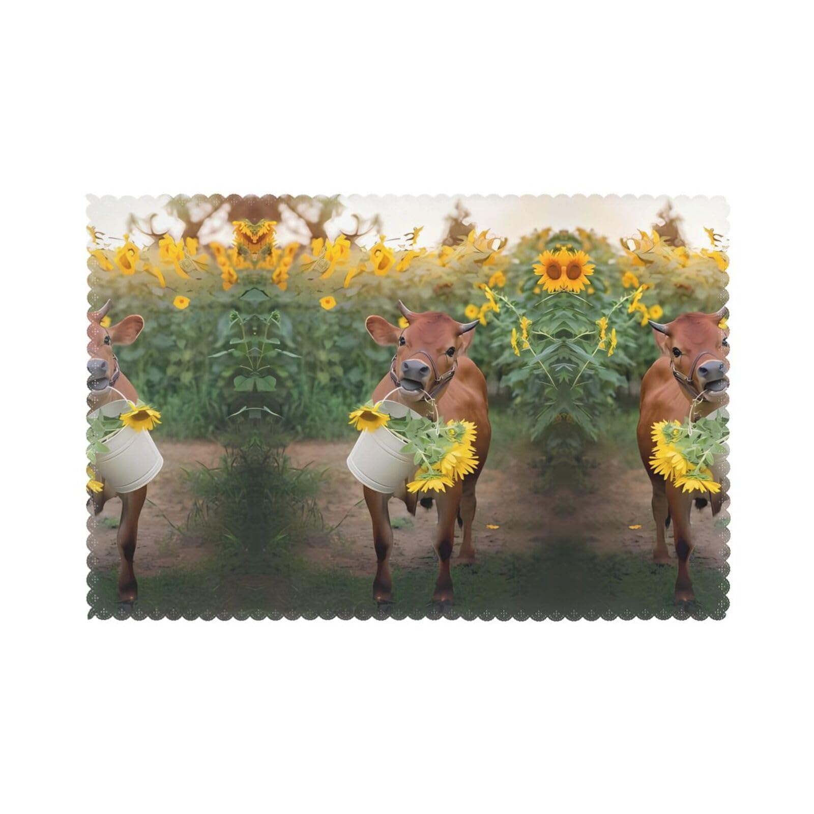 WHJSSF cow in sunflowers Prints Placemats Set of 6 12x18in - Durable Table Layers with Heat-Resistant & Wrinkle-Free Polyester