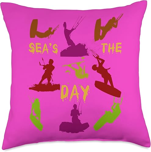 Kitesurfer Silhouette Pattern with Seas The Day Quote 3 - Almohada de 18 x 18 pulgadas, multicolor