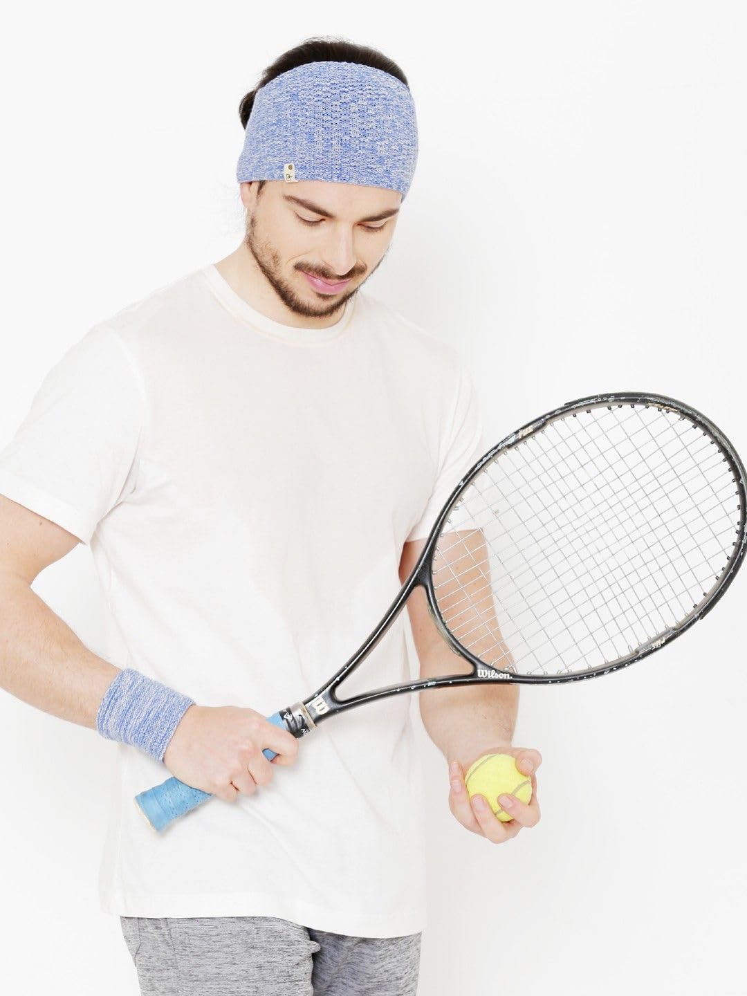 KinderTales® Sports Headband & Wristband Set for Men & Women | Cotton Gym & Yoga Sweatbands | Non-Slip, Breathable, Stretchable Fabric | Pack of 3 (1 Headband + 2 Wristbands, Light Blue)