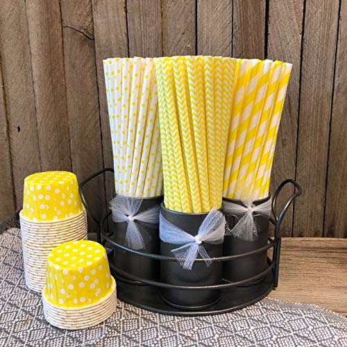 Pitillos de papel amarillo y blanco con diseños, paquete 100 miniatura 2